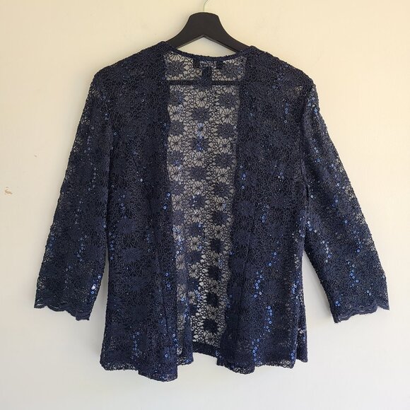 Lace Sequin Open Front Top 14 Dark Blue Floral Cardigan Topper Witchcore Evening - Picture 3 of 10